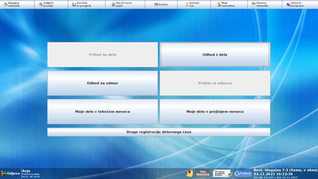 Evidentiranje delovnega časa v blagajni ADVANTIK!